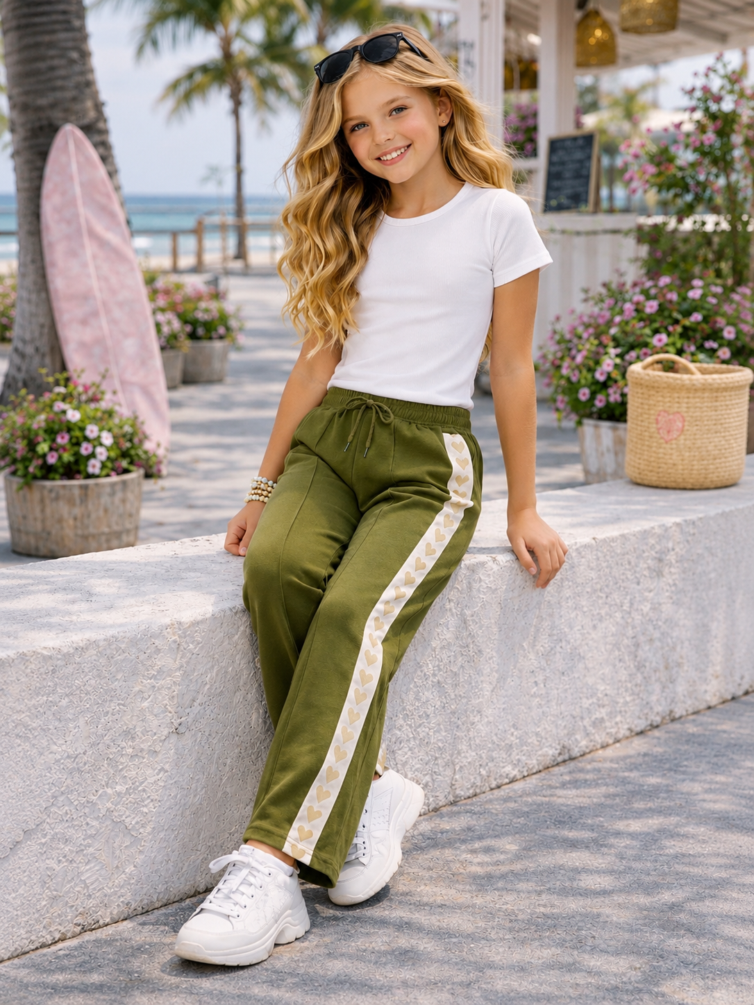 Leger- groene broek met gouden hartjes voor meisjes