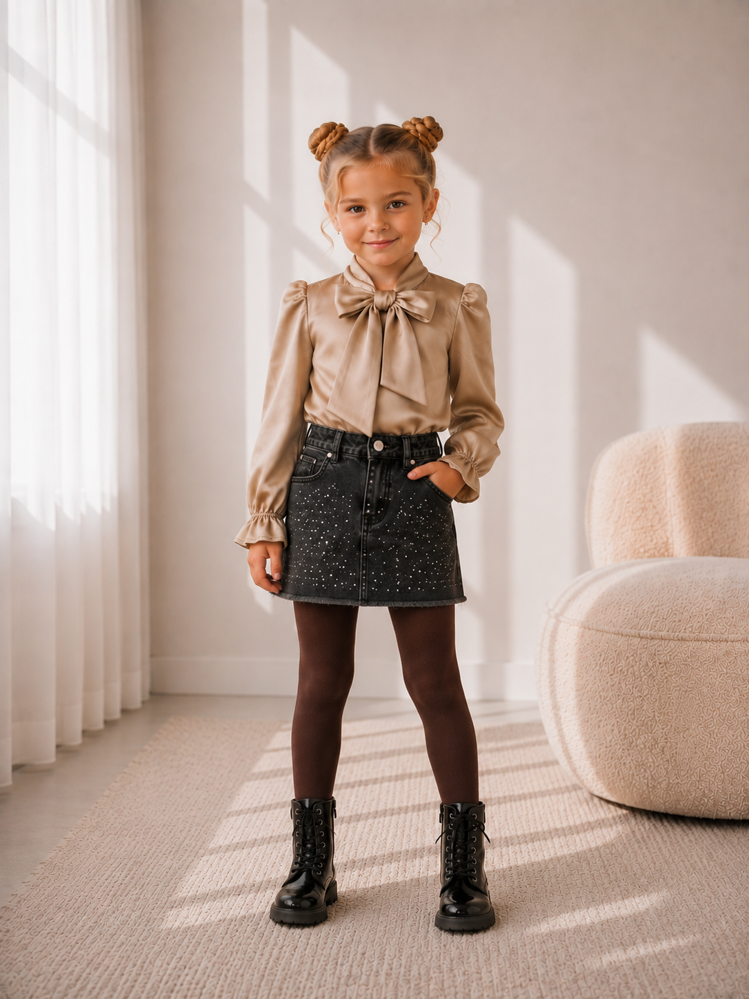 Champagne kleurige blouse met strik en pofmouwen voor meisjes