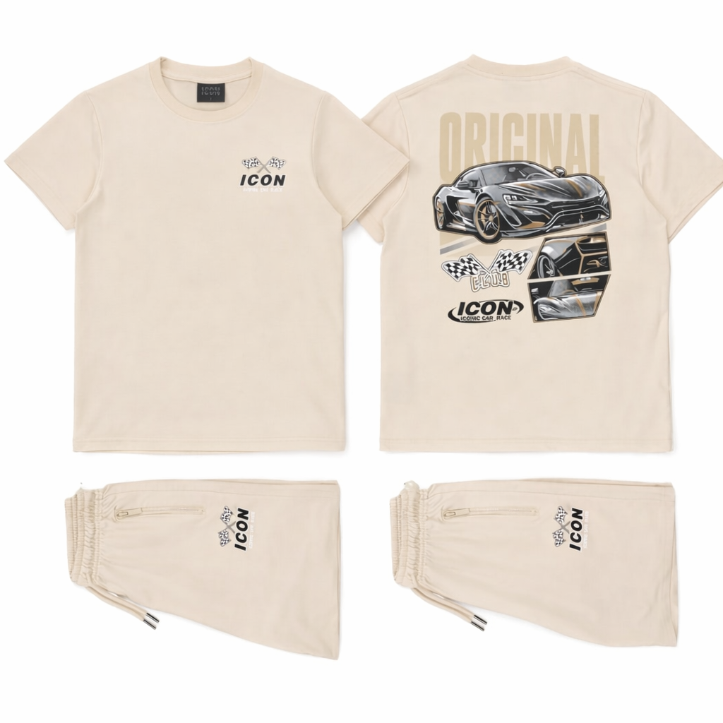 Beige jongens set ICON - T-shirt & korte broek met print