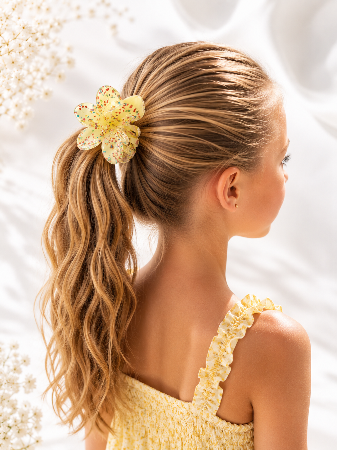 Sunshine Gele Bloem haarklem met Glitter
