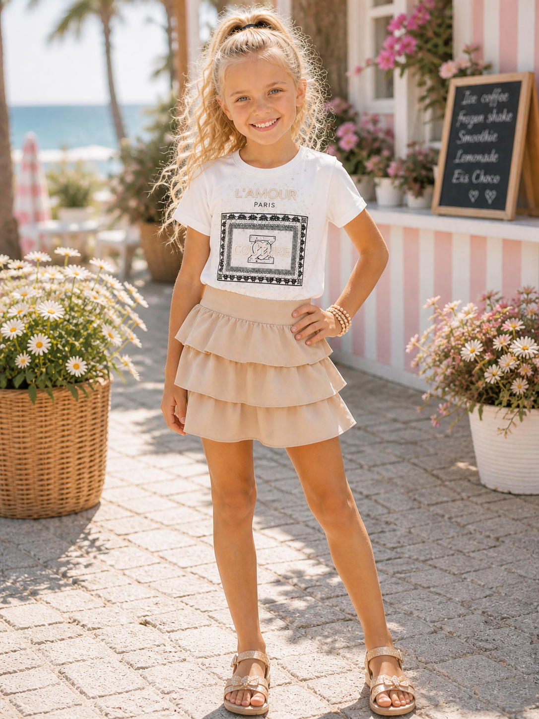 Beige meisjes skort met laagjes- zomers rokje