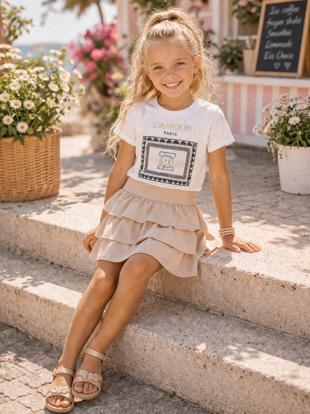 Beige meisjes skort met laagjes- zomers rokje