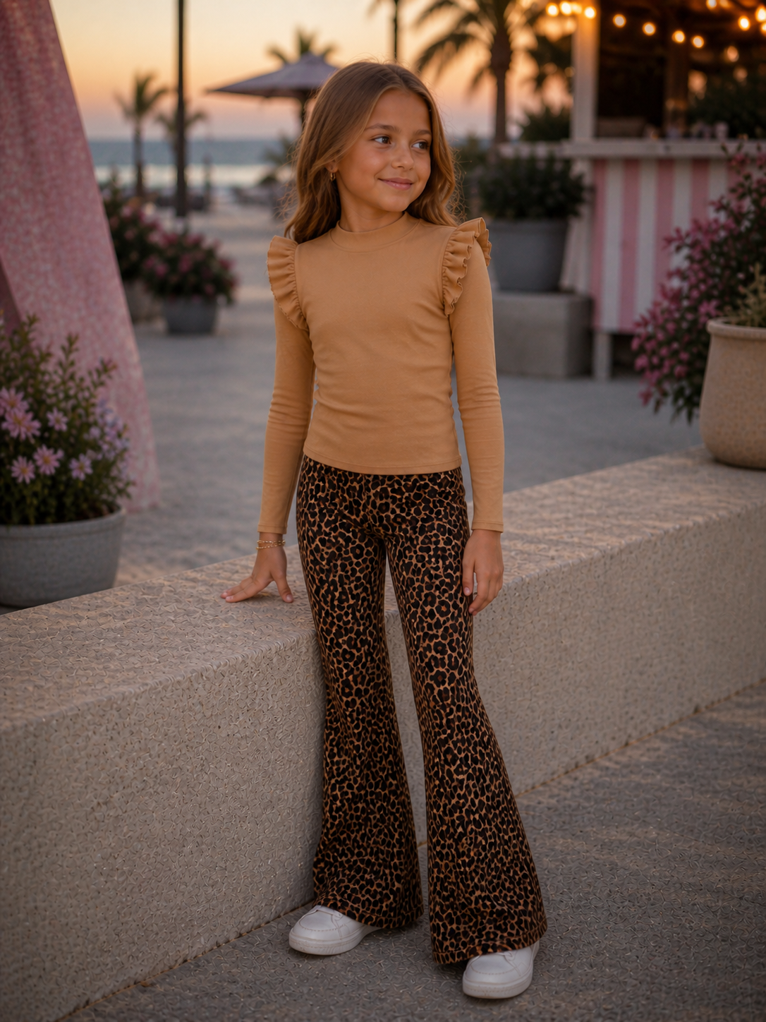 Camel kleurige top met rushes voor meisjes