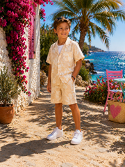 Beige jongens set met overhemd en short-zomerse kinder outfit
