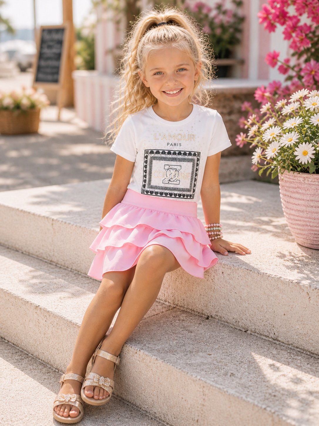 Roze meisjes skort met laagjes- zomers rokje