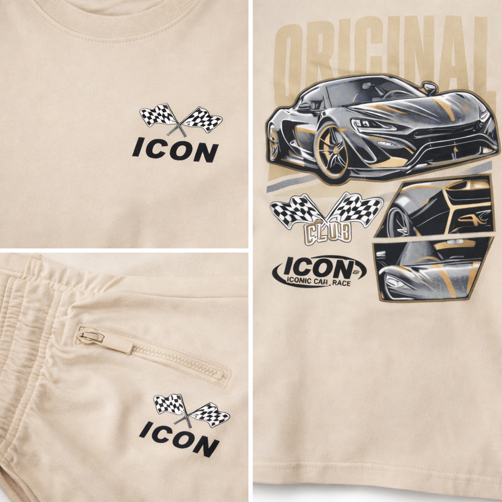 Beige jongens set ICON - T-shirt & korte broek met print