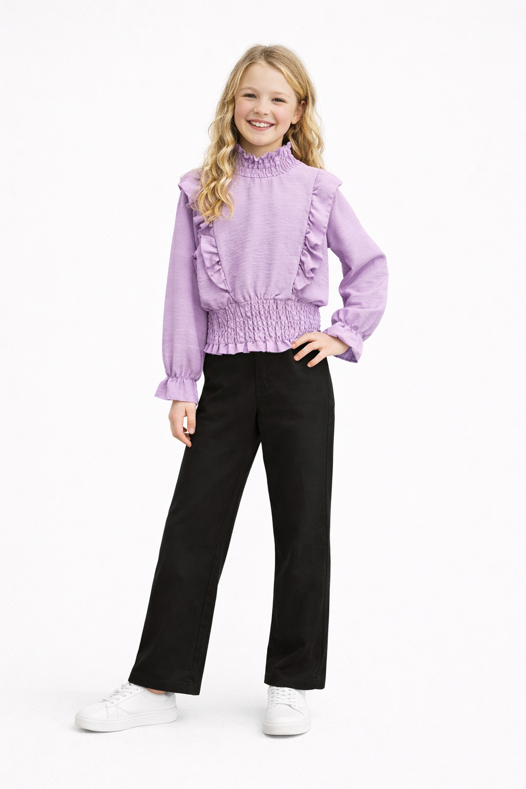 Lila top met ruches en gesmokte taille voor meisjes