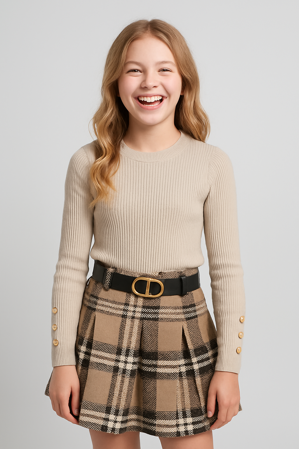 Beige geruite plissérok met gesp voor meisjes