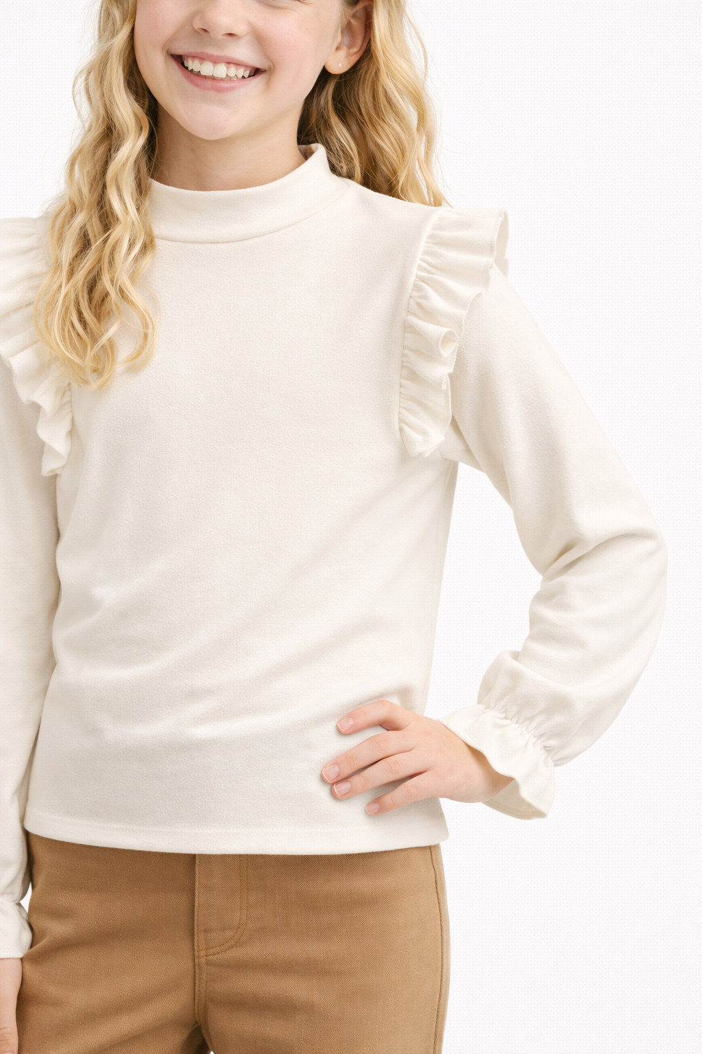 Zandkleurige top met rushes voor meisjes