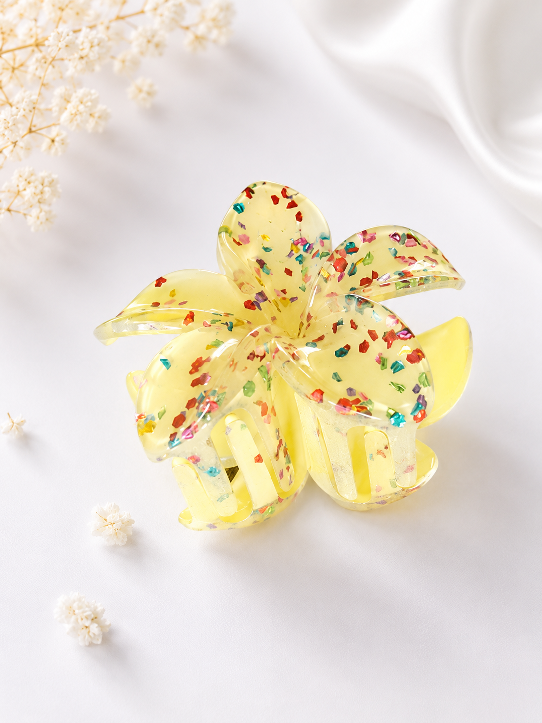 Sunshine Gele Bloem haarklem met Glitter