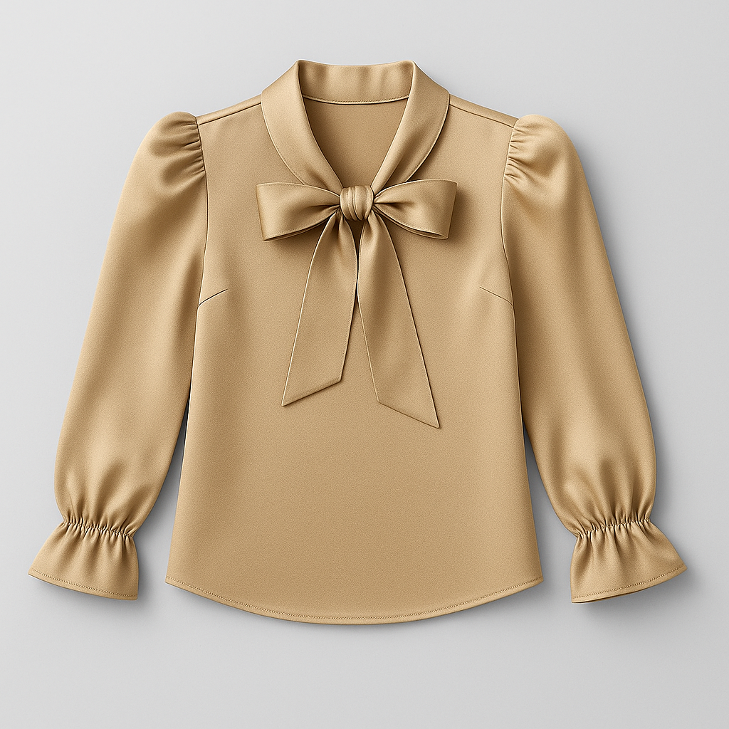 Champagne kleurige blouse met strik en pofmouwen voor meisjes
