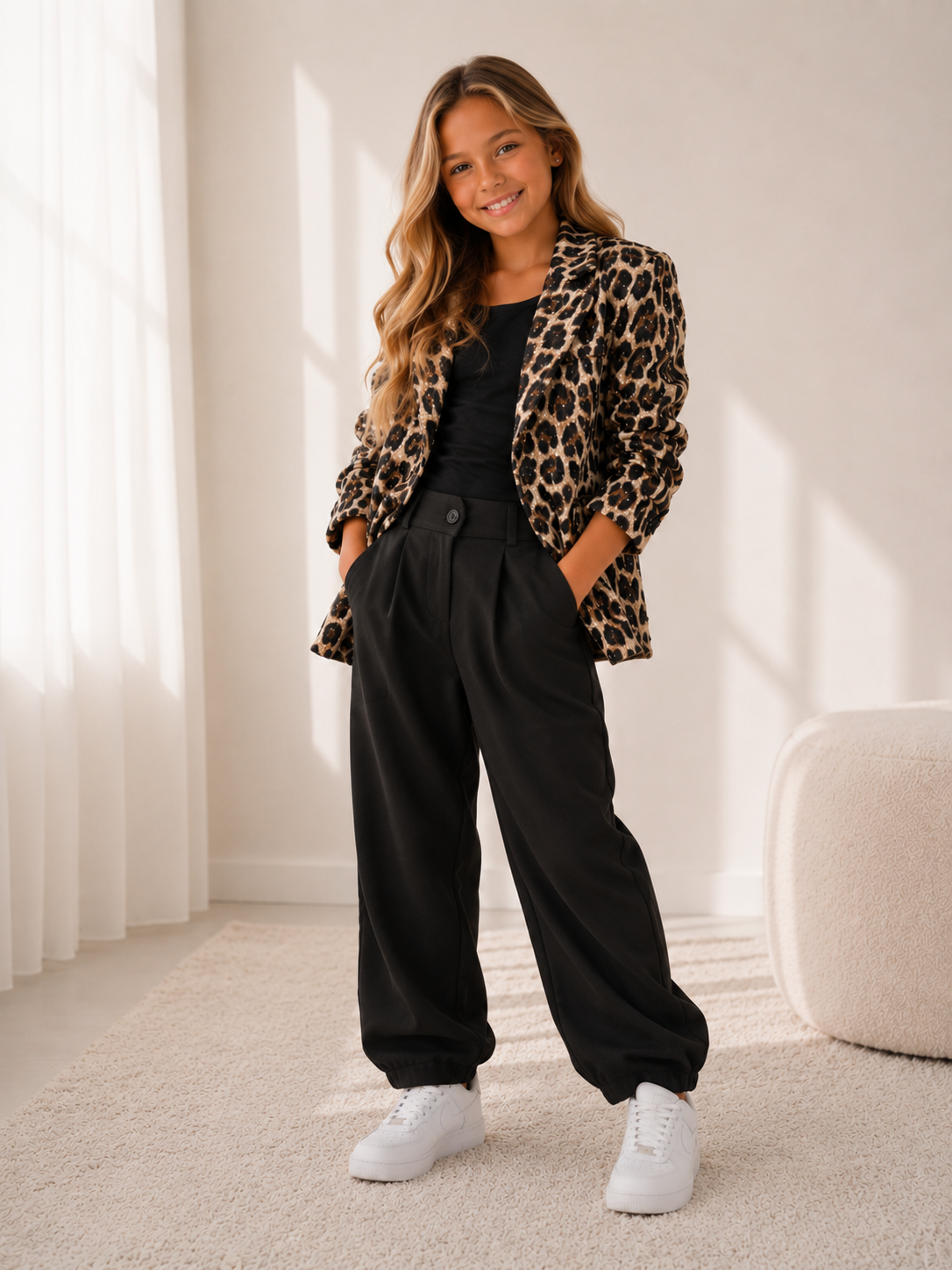 Meisjes Blazer Luipaardprint met Glitter – Feestelijke Leopard Blazer