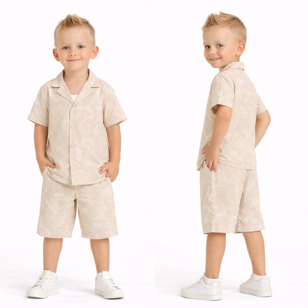 Beige jongens set met overhemd en short-zomerse kinder outfit