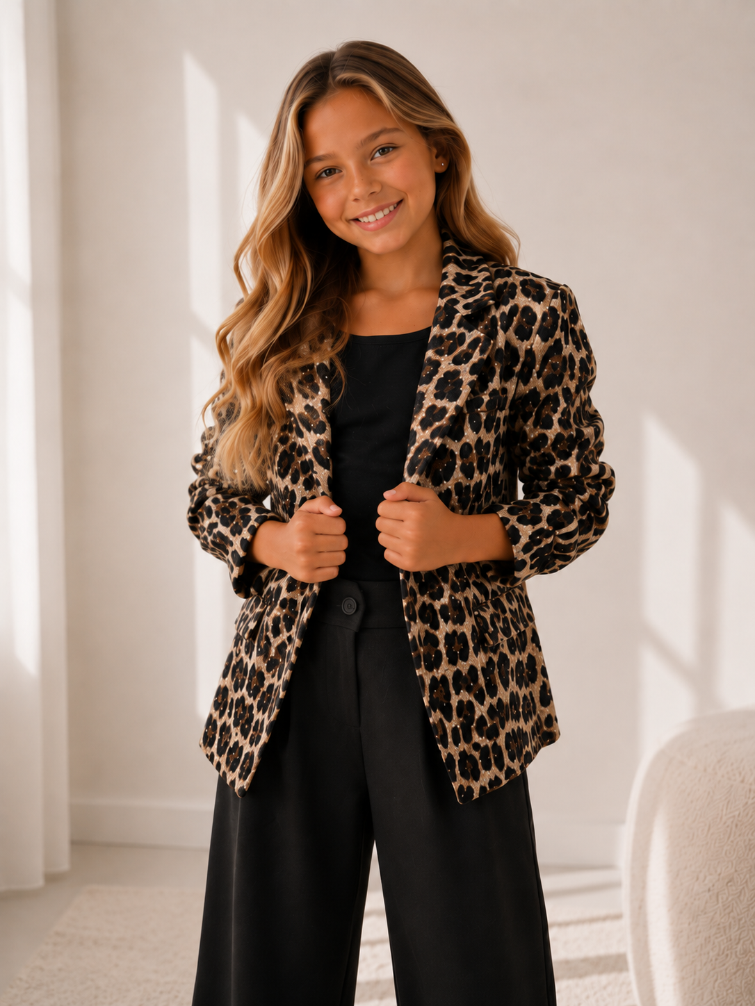 Meisjes Blazer Luipaardprint met Glitter – Feestelijke Leopard Blazer