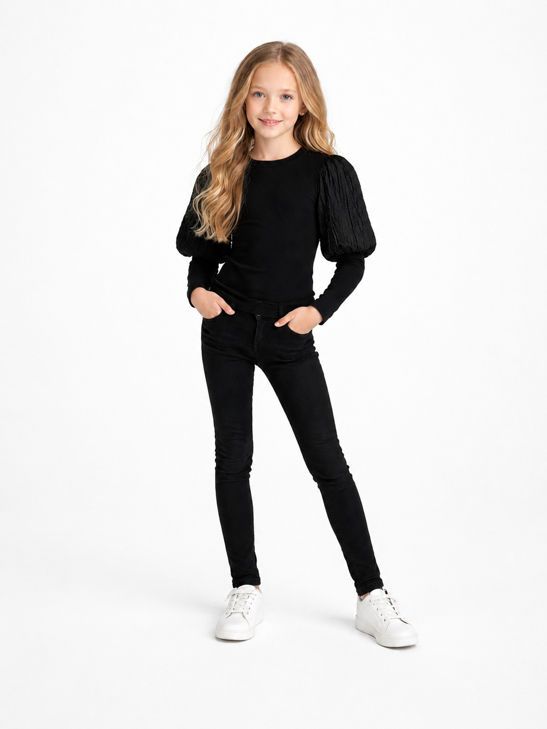 Zwarte top met pofmouwen voor meisjes
