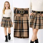 Beige geruite plissérok met gesp voor meisjes