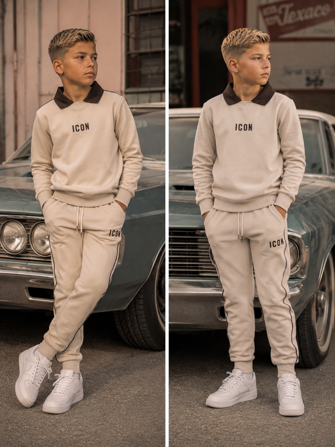 ICON Retro Joggingpak Jongens Beige – Sweater & Joggingbroek