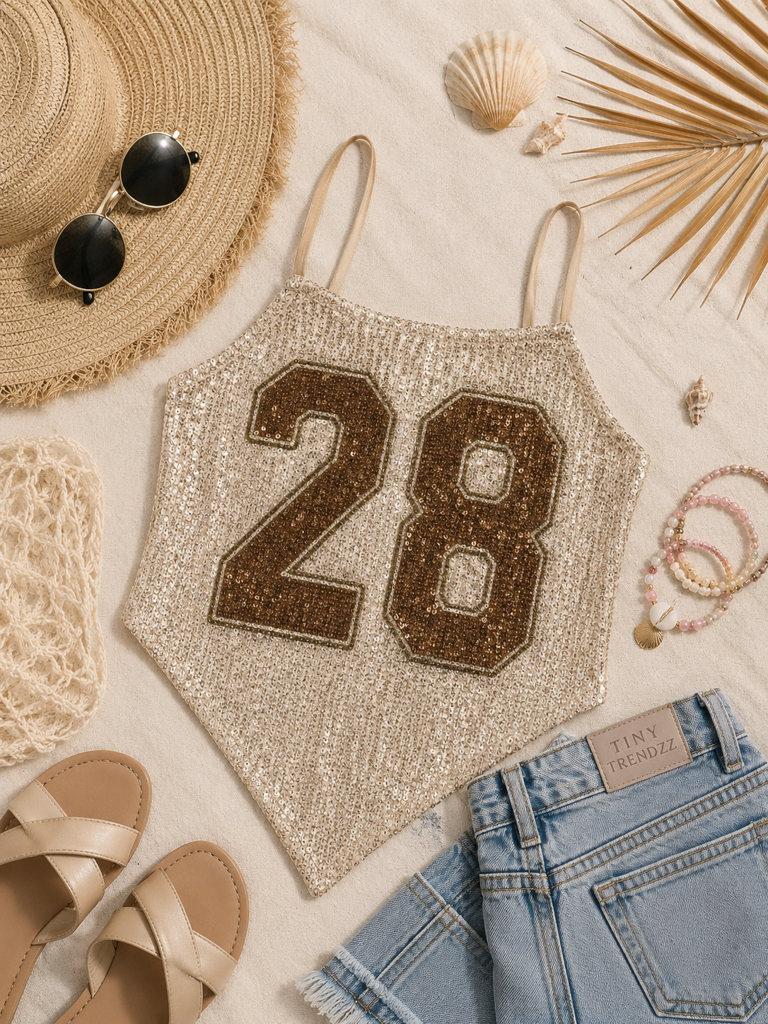 Champagne Glitter Top Meisjes | Trendy Top met Spaghettibandjes
