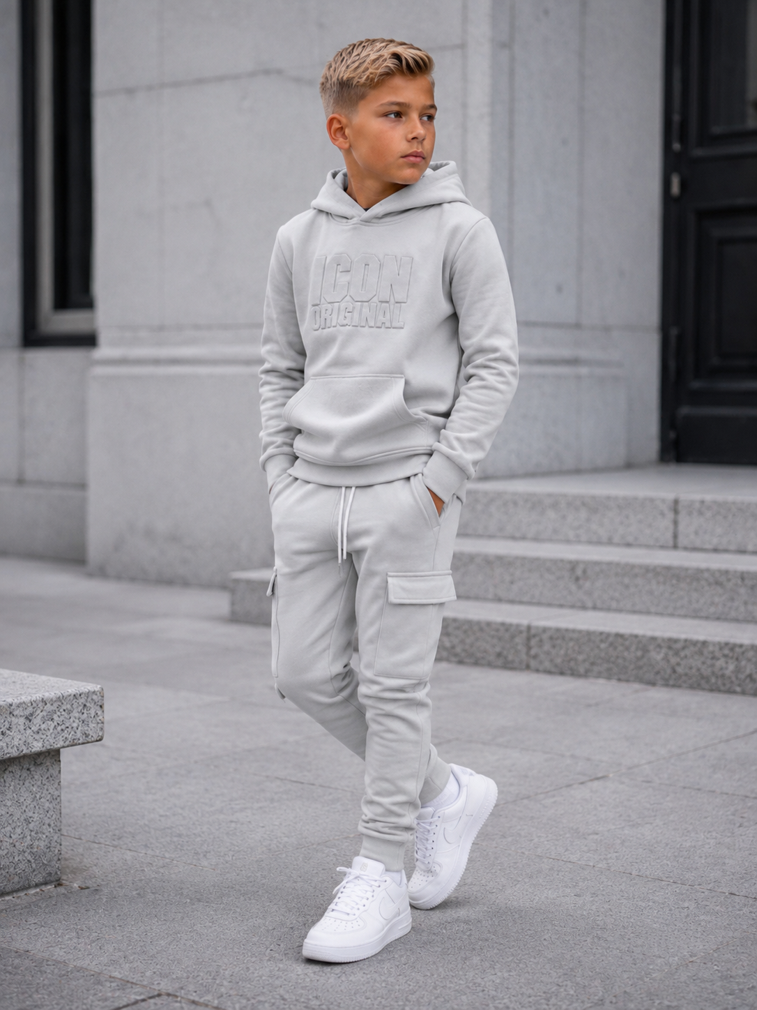 ICON Original Jongens Joggingpak Grijs – Hoodie & Cargo Broek