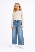 Beige ribtrui met gouden knopen voor meisjes