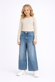 Beige ribtrui met gouden knopen voor meisjes